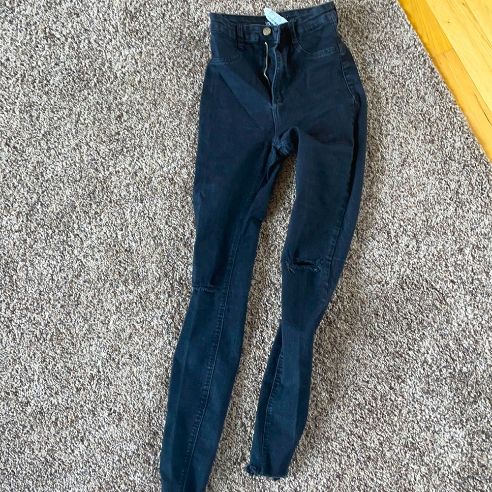 Zara super high rise black jeans with holes